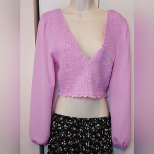 Blue Blush Ruched Crop Top Long Flowy Sleeves Size L Date Sexy Night Out Party